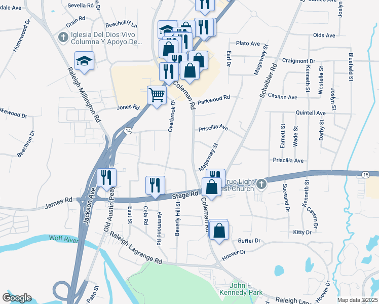 map of restaurants, bars, coffee shops, grocery stores, and more near 3043 Coleman Road in Memphis