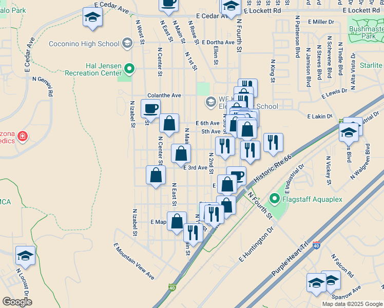 map of restaurants, bars, coffee shops, grocery stores, and more near 2005 North Main Street in Flagstaff
