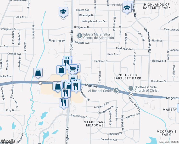 map of restaurants, bars, coffee shops, grocery stores, and more near 3012 Wood Thrush Drive in Memphis