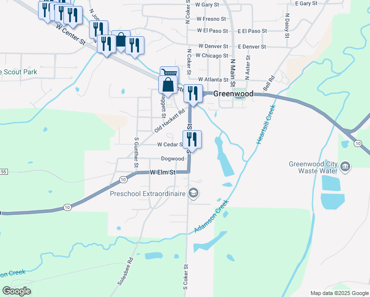 map of restaurants, bars, coffee shops, grocery stores, and more near 229 South Coker Street in Greenwood