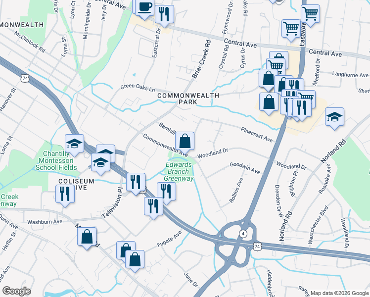 map of restaurants, bars, coffee shops, grocery stores, and more near in Charlotte