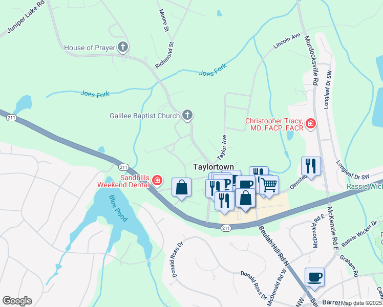 map of restaurants, bars, coffee shops, grocery stores, and more near Main Street in Pinehurst