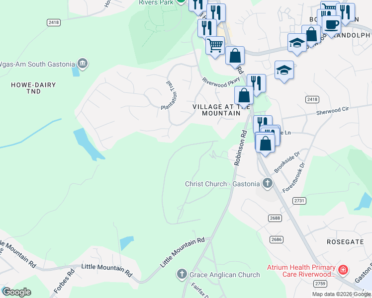 map of restaurants, bars, coffee shops, grocery stores, and more near 301 Eagles Walk in Gastonia