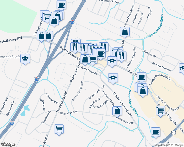 map of restaurants, bars, coffee shops, grocery stores, and more near 900 Haywood Drive Northwest in Cleveland