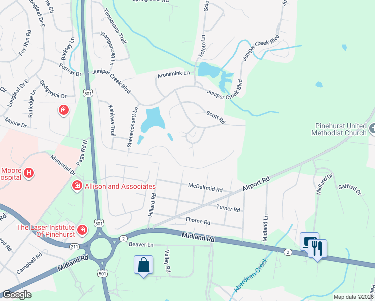 map of restaurants, bars, coffee shops, grocery stores, and more near 220 Barton Hills Court in Pinehurst