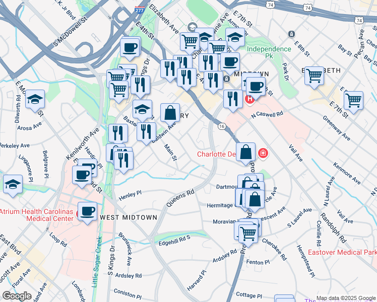 map of restaurants, bars, coffee shops, grocery stores, and more near 1809 Luther St in Charlotte