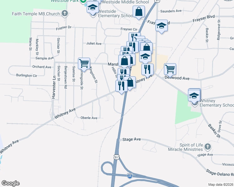 map of restaurants, bars, coffee shops, grocery stores, and more near 877 Whitney Avenue in Memphis