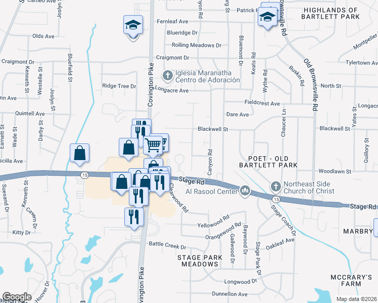 map of restaurants, bars, coffee shops, grocery stores, and more near 3012 Wood Thrush Drive in Memphis