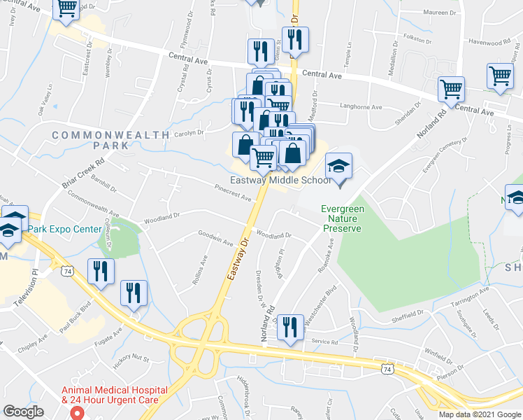 map of restaurants, bars, coffee shops, grocery stores, and more near 3409 Eastway Drive in Charlotte