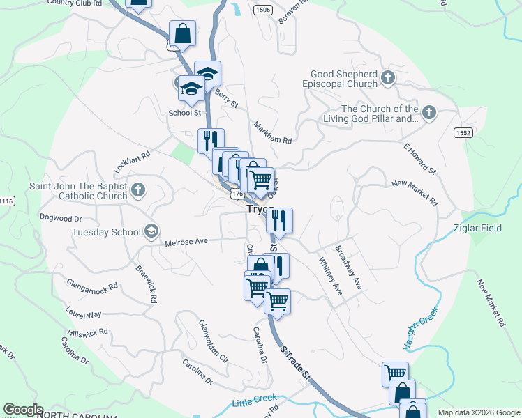 map of restaurants, bars, coffee shops, grocery stores, and more near in Tryon