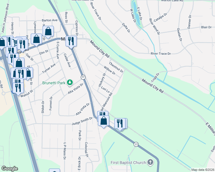 map of restaurants, bars, coffee shops, grocery stores, and more near 121 Lori Lane in Marion