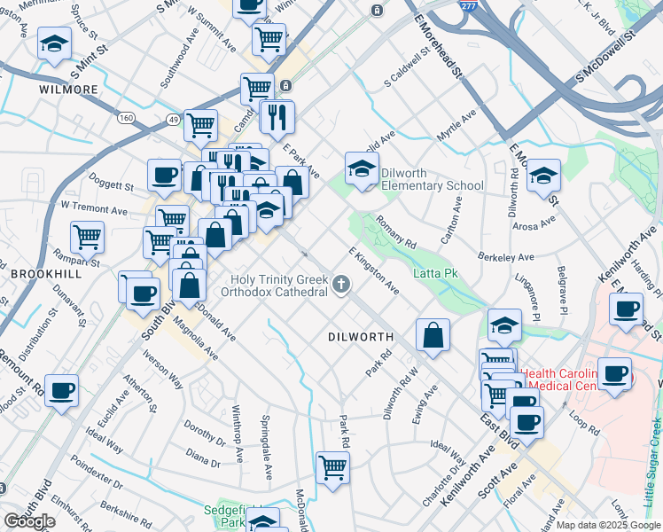 map of restaurants, bars, coffee shops, grocery stores, and more near 525 East Boulevard in Charlotte