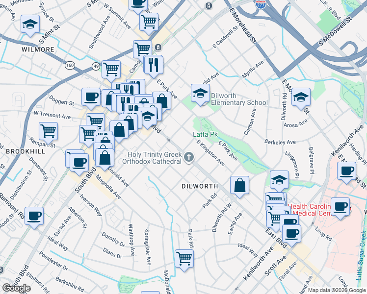 map of restaurants, bars, coffee shops, grocery stores, and more near 600 East Boulevard in Charlotte