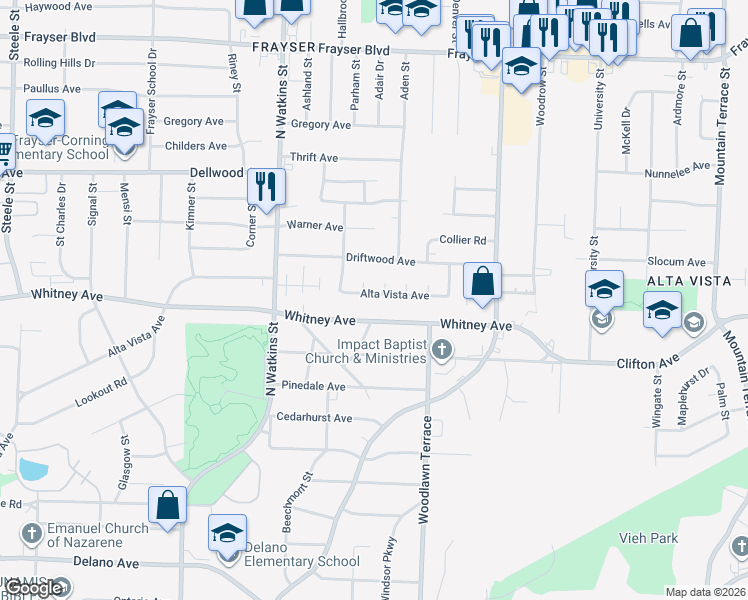 map of restaurants, bars, coffee shops, grocery stores, and more near 1904 Whitney Avenue in Memphis