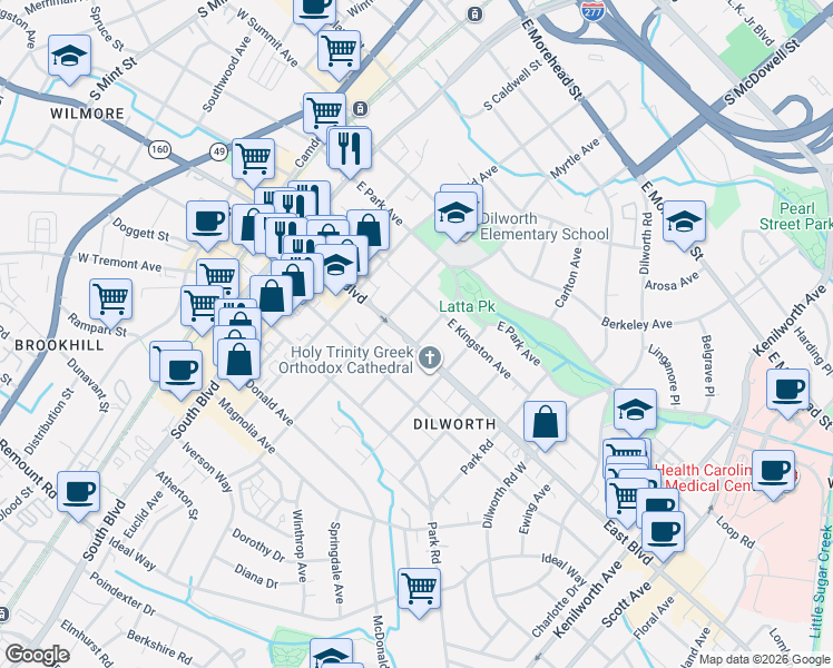 map of restaurants, bars, coffee shops, grocery stores, and more near 525 East Boulevard in Charlotte