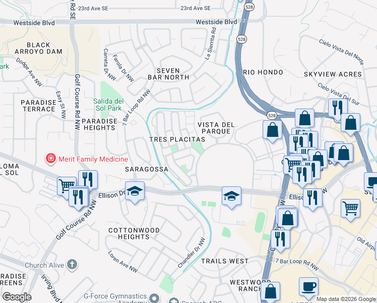 map of restaurants, bars, coffee shops, grocery stores, and more near 4112 Rowe Avenue Northwest in Albuquerque