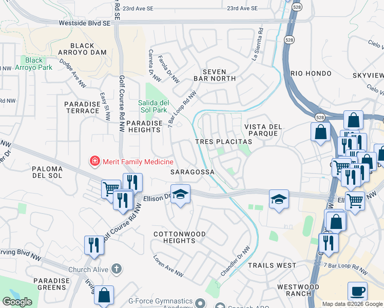 map of restaurants, bars, coffee shops, grocery stores, and more near 10505 Vista Del Sol Drive Northwest in Albuquerque