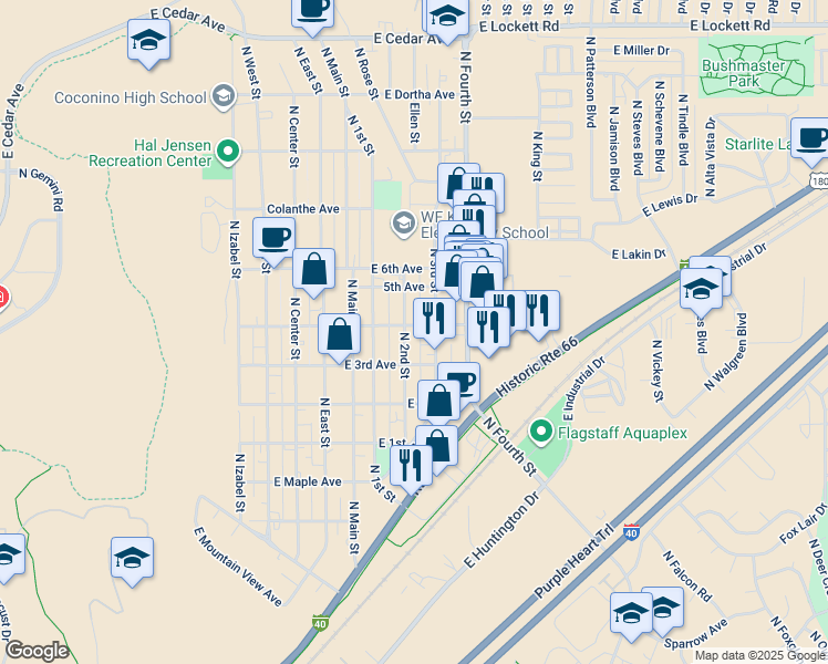 map of restaurants, bars, coffee shops, grocery stores, and more near 2001 North 3rd Street in Flagstaff