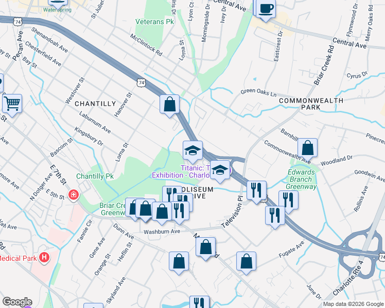 map of restaurants, bars, coffee shops, grocery stores, and more near 700 Television Place in Charlotte
