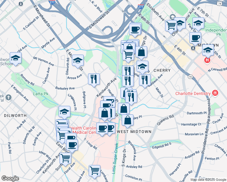 map of restaurants, bars, coffee shops, grocery stores, and more near 1328 Harding Place in Charlotte