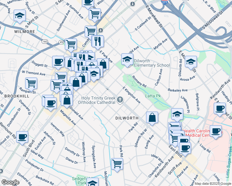 map of restaurants, bars, coffee shops, grocery stores, and more near 600 East Boulevard in Charlotte