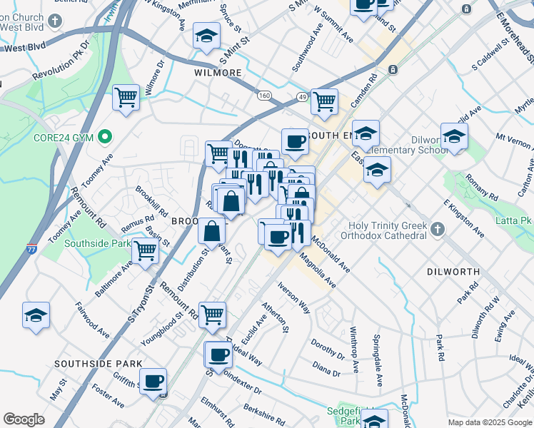 map of restaurants, bars, coffee shops, grocery stores, and more near 2201 Hawkins Street in Charlotte