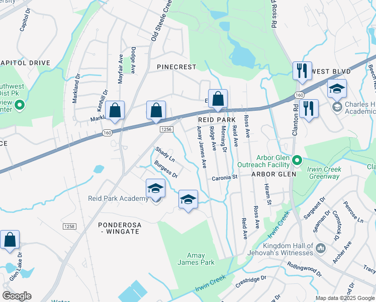 map of restaurants, bars, coffee shops, grocery stores, and more near 2973 Shady Lane in Charlotte