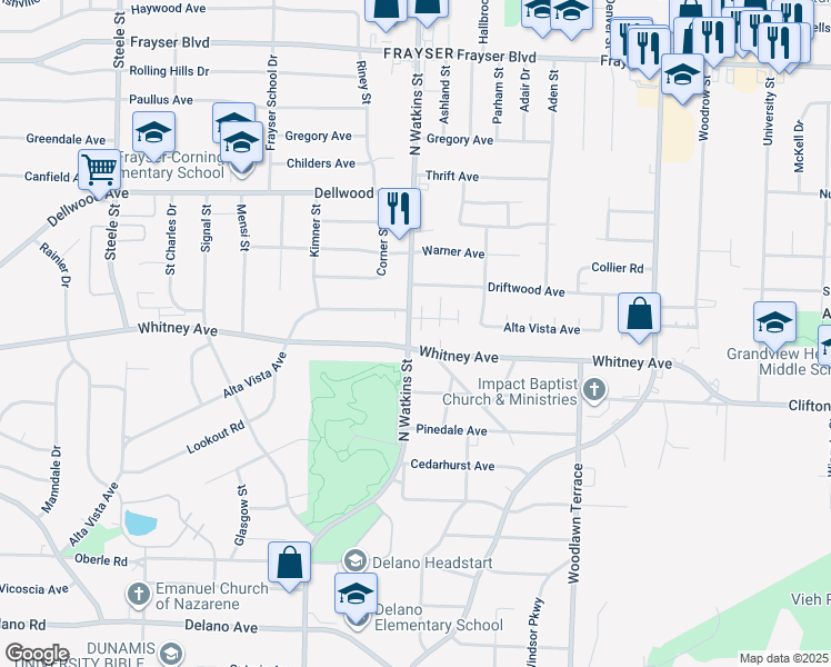 map of restaurants, bars, coffee shops, grocery stores, and more near 1829 Whitney Avenue in Memphis