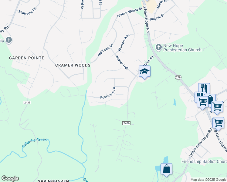 map of restaurants, bars, coffee shops, grocery stores, and more near Rosemore Lane in Gastonia