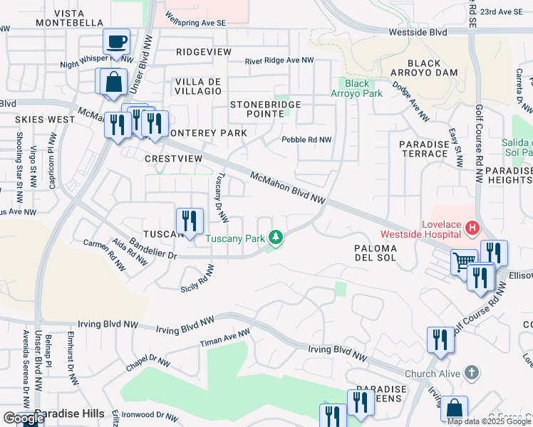 map of restaurants, bars, coffee shops, grocery stores, and more near 5215 Corsica Road Northwest in Albuquerque