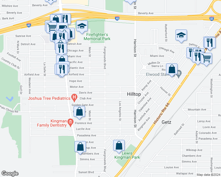 map of restaurants, bars, coffee shops, grocery stores, and more near 2116 Motor Avenue in Kingman