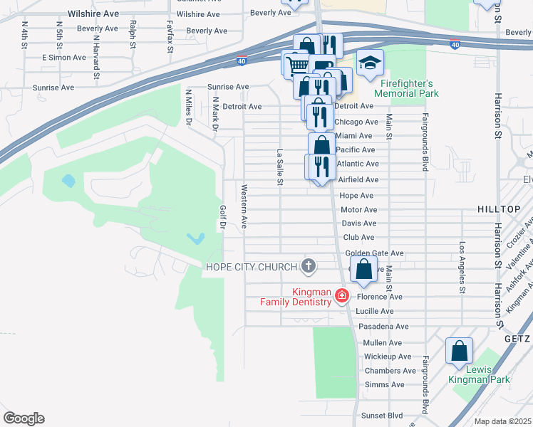 map of restaurants, bars, coffee shops, grocery stores, and more near 1720 Davis Avenue in Kingman