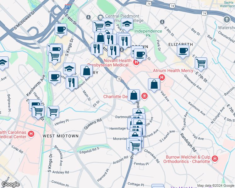 map of restaurants, bars, coffee shops, grocery stores, and more near 325 Queens Road in Charlotte