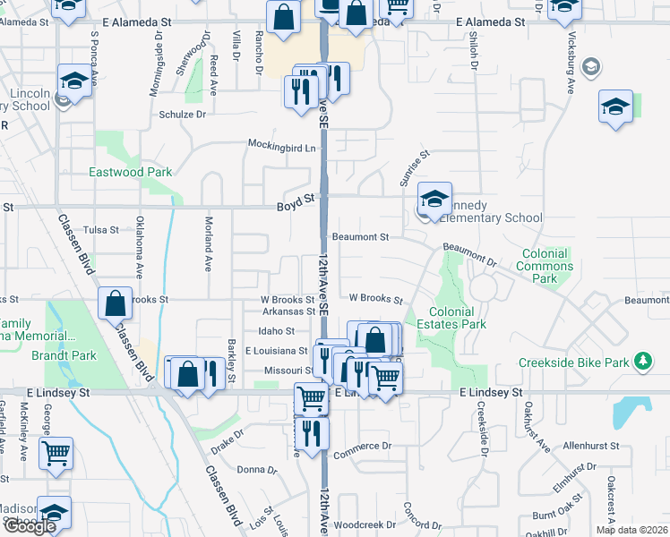 map of restaurants, bars, coffee shops, grocery stores, and more near 804 Richmond Drive in Norman