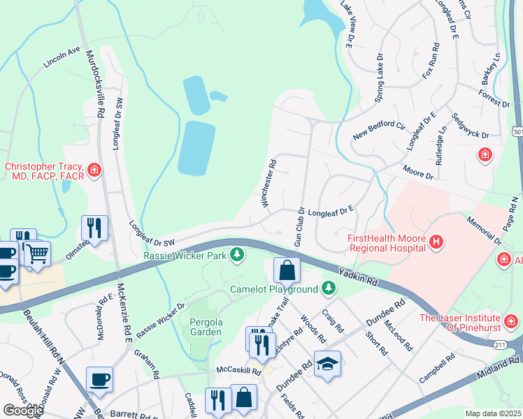 map of restaurants, bars, coffee shops, grocery stores, and more near 15 Winchester Road in Pinehurst
