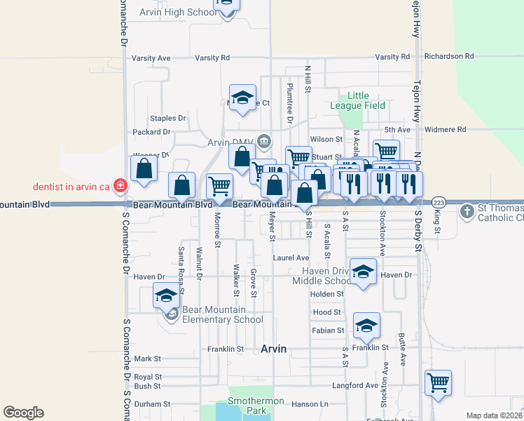 map of restaurants, bars, coffee shops, grocery stores, and more near 200 Morton Place in Arvin