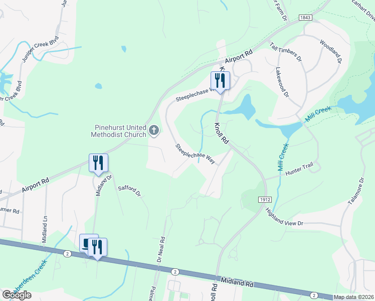 map of restaurants, bars, coffee shops, grocery stores, and more near 102 Steeplechase Way in Southern Pines