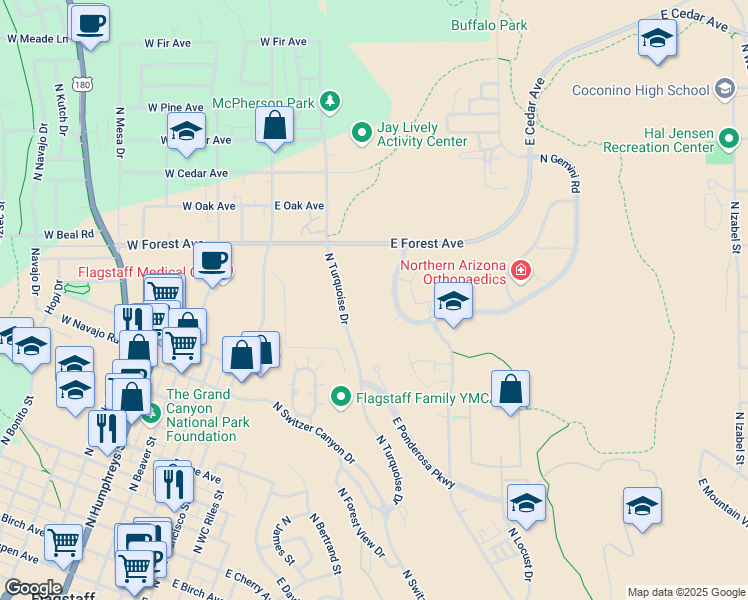 map of restaurants, bars, coffee shops, grocery stores, and more near 1571 North Pine Cliff Drive in Flagstaff