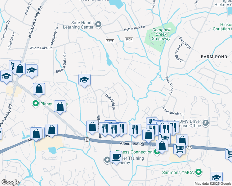 map of restaurants, bars, coffee shops, grocery stores, and more near 1227 Kelston Place in Charlotte