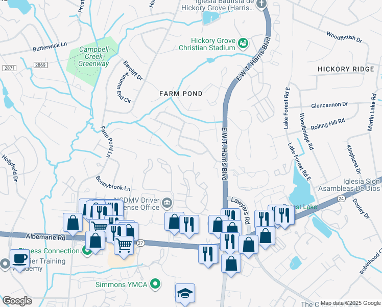map of restaurants, bars, coffee shops, grocery stores, and more near 8338 Wallace Glen Drive in Charlotte