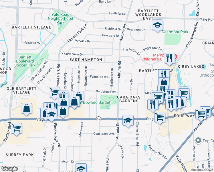 map of restaurants, bars, coffee shops, grocery stores, and more near 6401 Falmouth Road in Bartlett