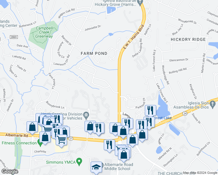 map of restaurants, bars, coffee shops, grocery stores, and more near 8430 Wallace Glen Drive in Charlotte