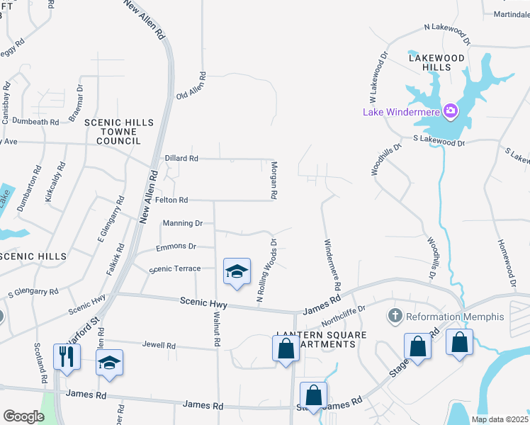 map of restaurants, bars, coffee shops, grocery stores, and more near 3515 Felton Road in Memphis
