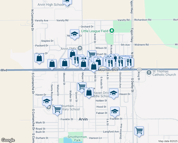 map of restaurants, bars, coffee shops, grocery stores, and more near 737 Bear Mountain Boulevard in Arvin