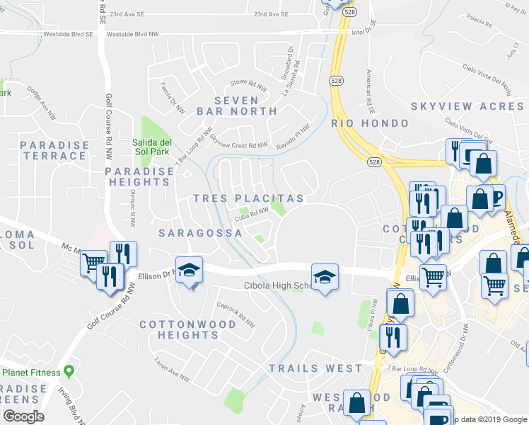 map of restaurants, bars, coffee shops, grocery stores, and more near 10600 Pueblo Place Northwest in Albuquerque