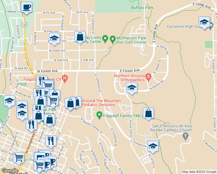 map of restaurants, bars, coffee shops, grocery stores, and more near 1571 North Pine Cliff Drive in Flagstaff