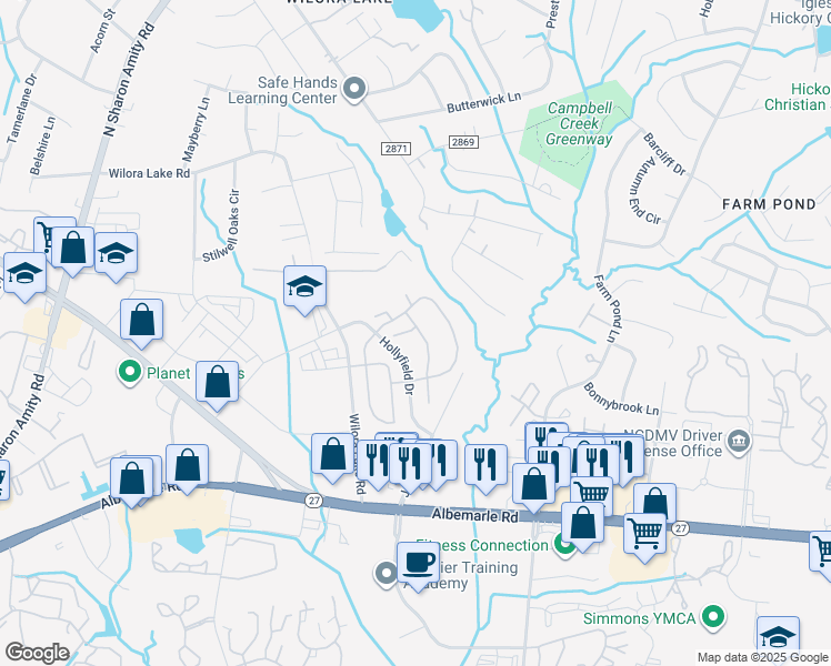 map of restaurants, bars, coffee shops, grocery stores, and more near 1227 Kelston Place in Charlotte