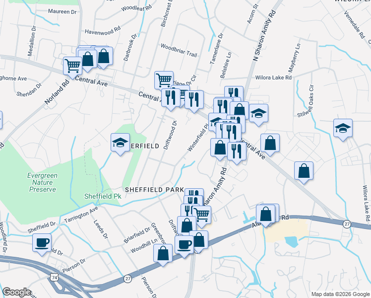 map of restaurants, bars, coffee shops, grocery stores, and more near in Charlotte