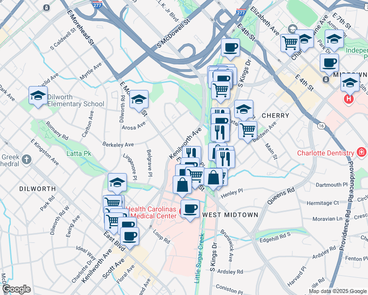 map of restaurants, bars, coffee shops, grocery stores, and more near 1218 Harding Place in Charlotte