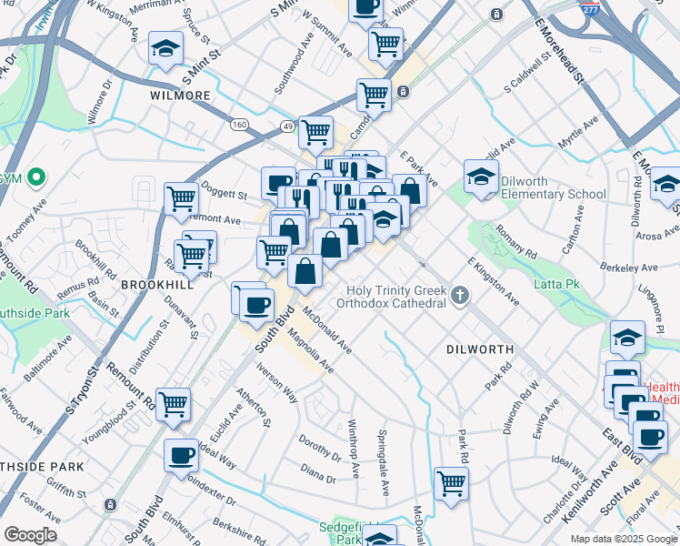 map of restaurants, bars, coffee shops, grocery stores, and more near in Charlotte